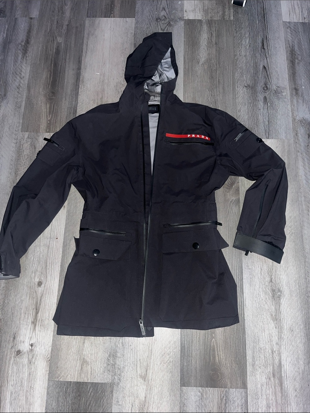 Prada Black Hooded Technical Jacket with Red Trim